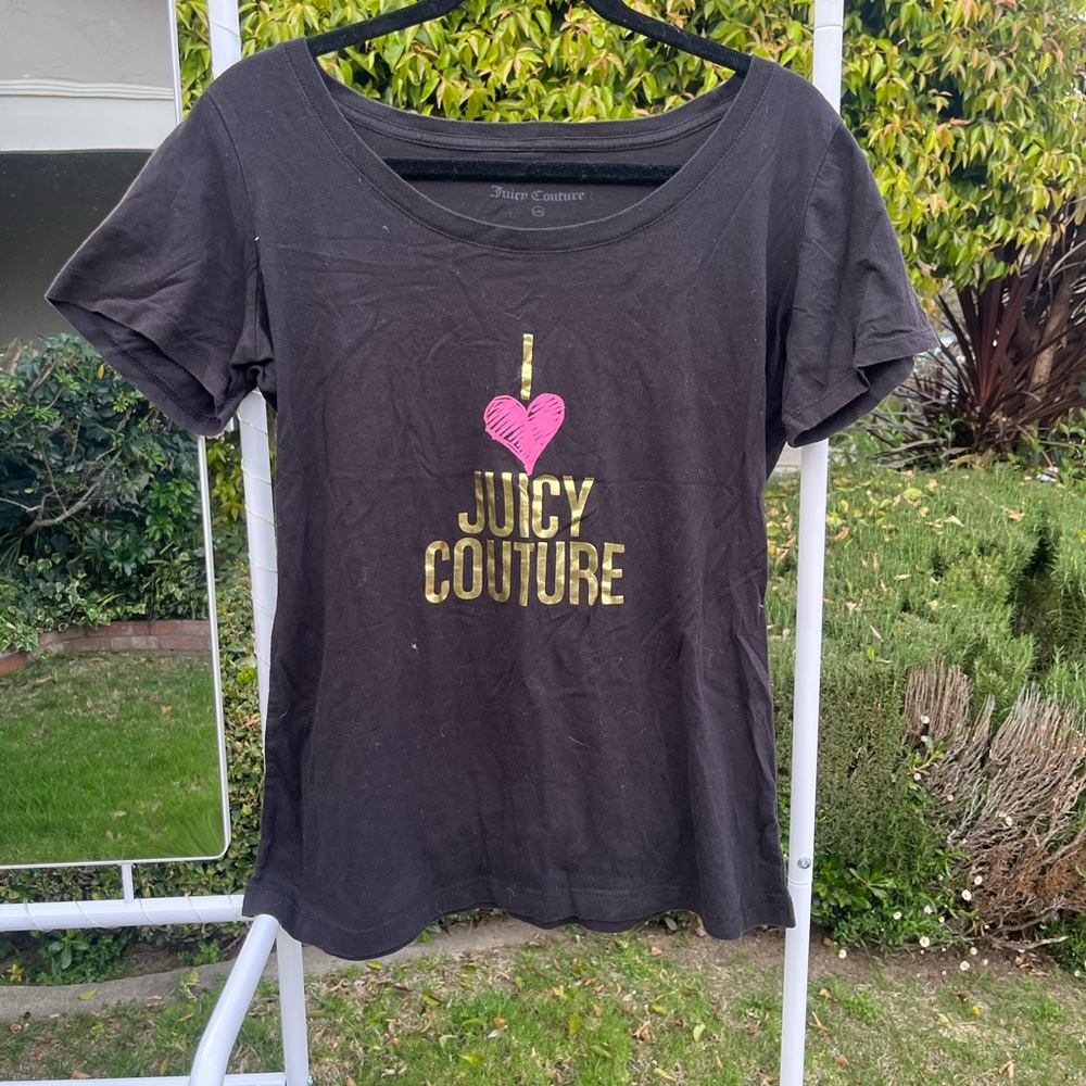 Juicy Couture Black Tee with Pink Heart & Gold Logo Text